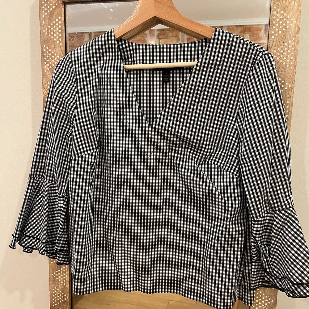White House Black Market Check Blouse with Bell Sleeves